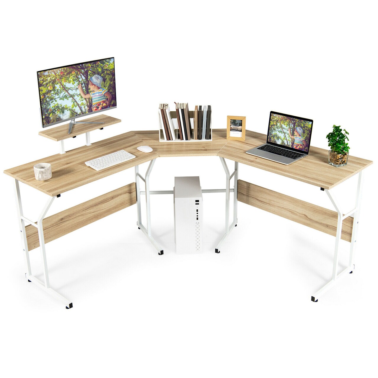Costway 88.5'' L Shaped Reversible Computer Desk 2 Person Long Table Monitor Stand